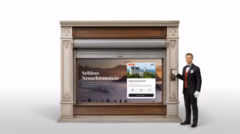 Butler öffnet ein Schaufenster mit der EventButler-Seite zu Schloss Neuschwanstein