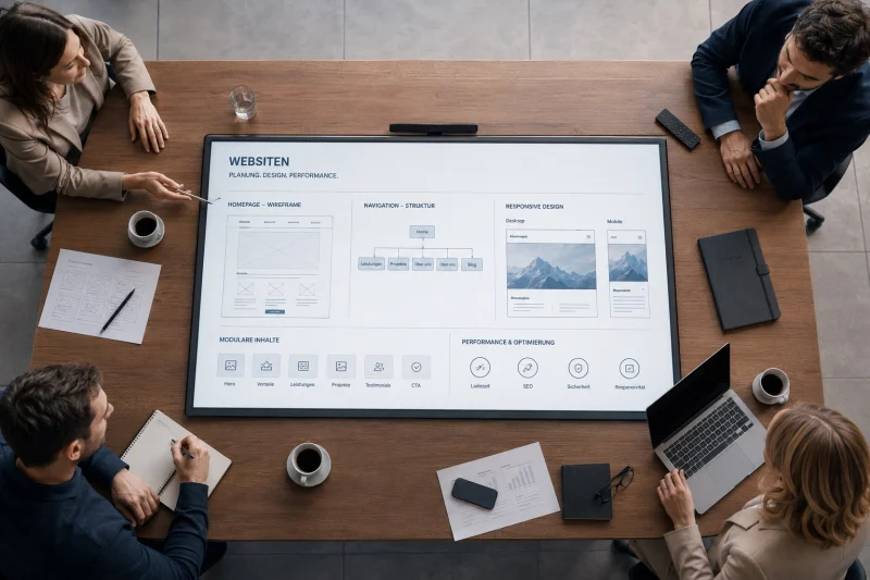 Team bespricht die Planung einer Website an einem grossen Bildschirm