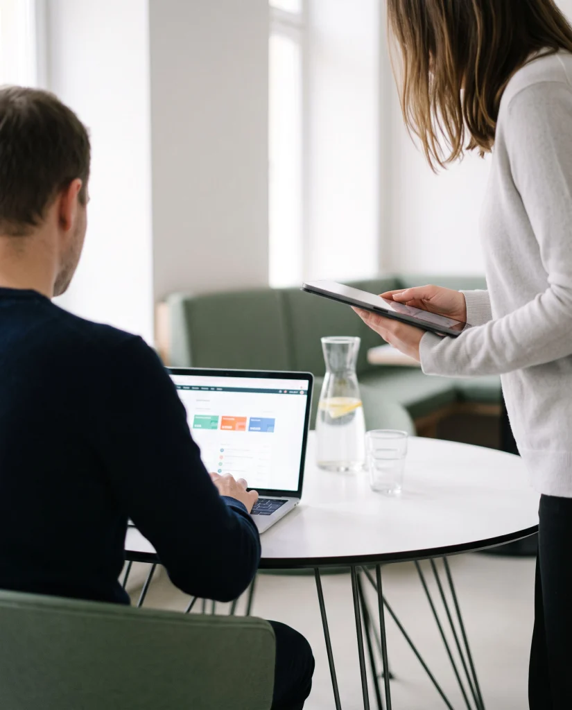 Zwei Personen besprechen digitale Inhalte mit Laptop und Tablet